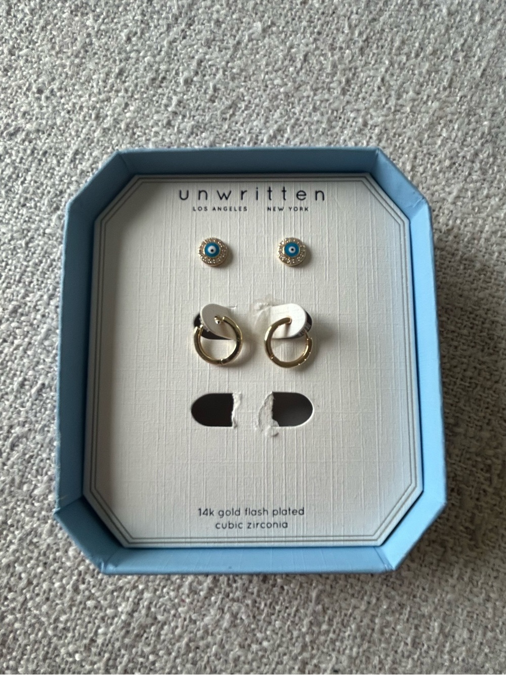 Unwritten Gold & Turquoise Evil Eye Stud and Hoop Earring Set (one missing)